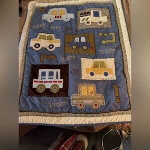 Blue Quilted Crib Size Lambs & Ivy Precious Cargo Trucks,Cars . 40”x31”